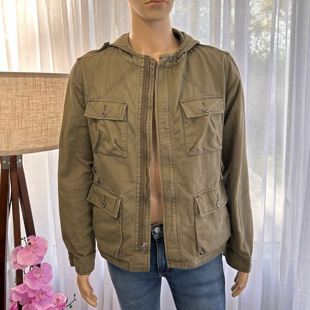 Mens All Son Green Military Jacket Size M Medium Hooded Full Zip Pockets